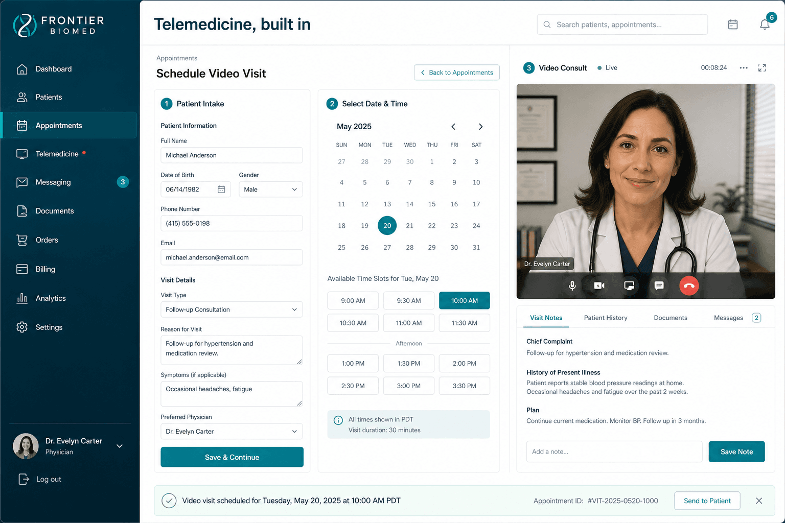 Frontier telemedicine dashboard with video visit scheduling and patient intake