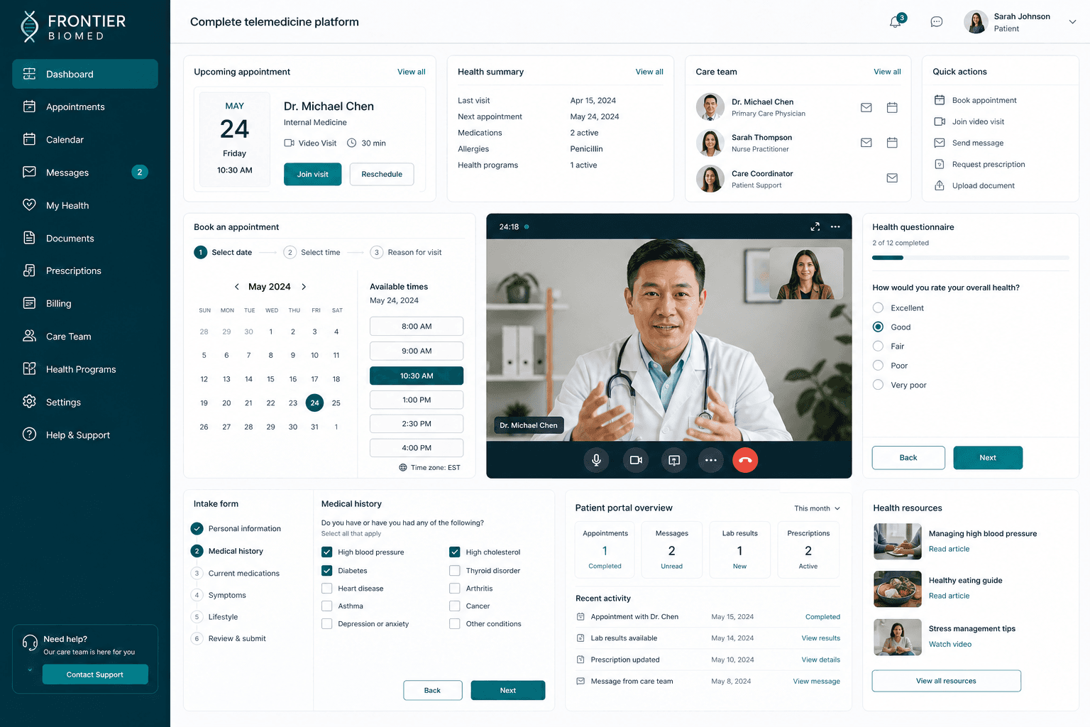 Frontier telemedicine platform with booking calendar, patient intake, video visits, and patient portal