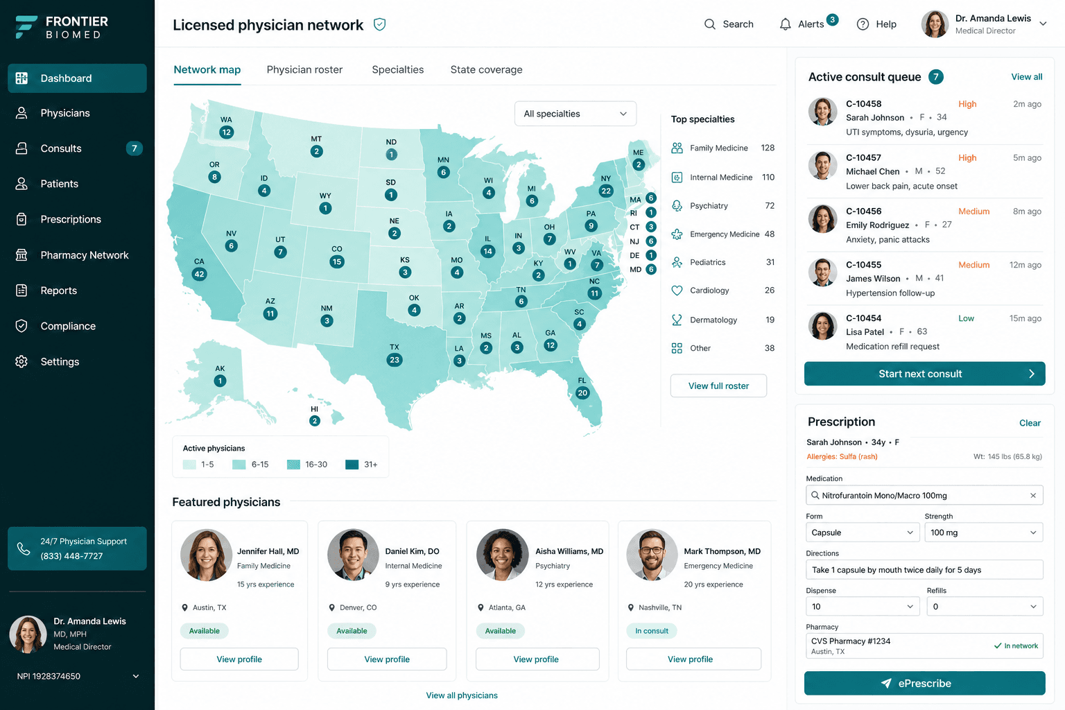 Frontier licensed physician network with state-licensed doctors handling consults and e-prescribing