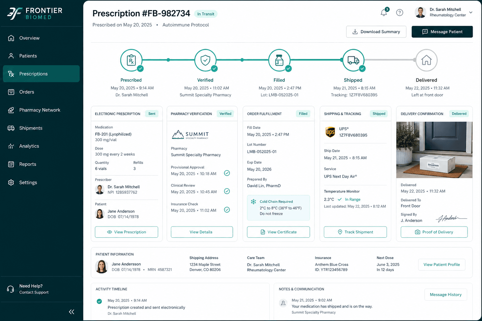 Frontier prescription fulfillment workflow from e-prescribe through pharmacy fill to cold-chain delivery